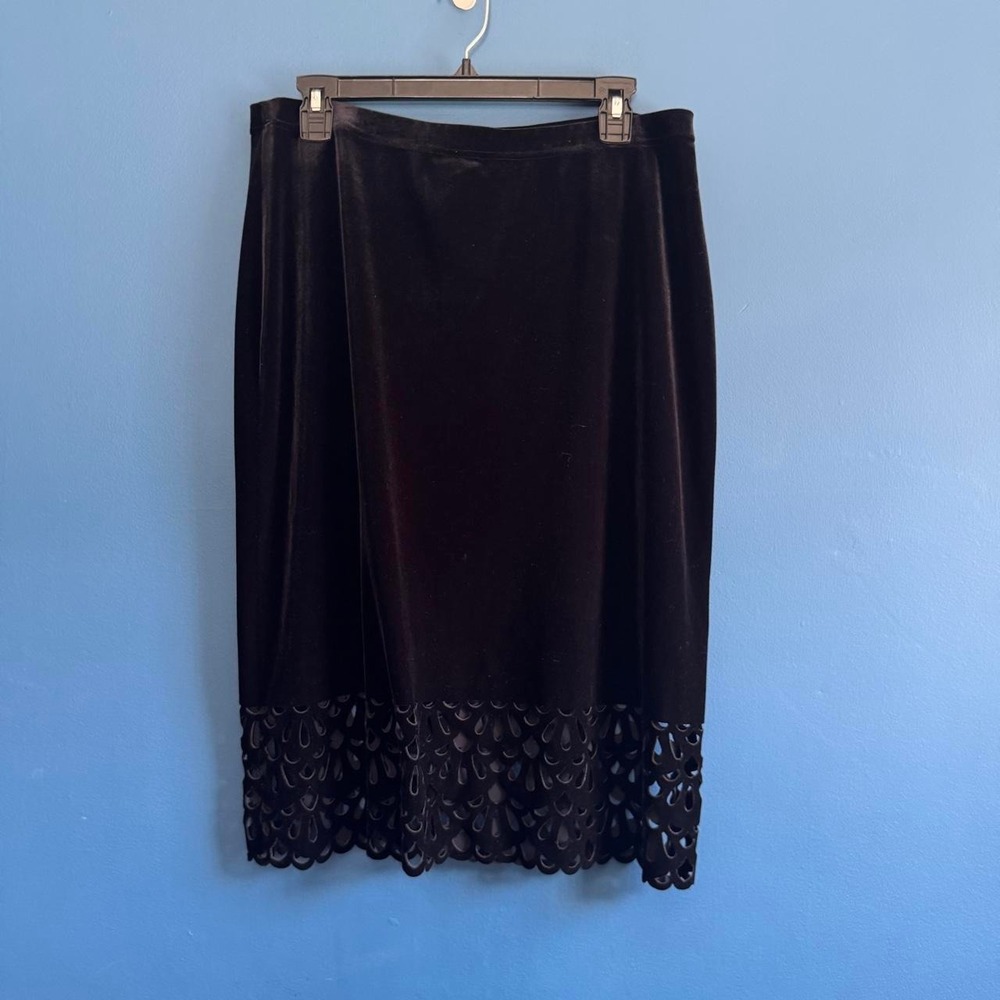 Y2K Velvet Midi Skirt Women's Size XL Black KM Collections Cutout Stretch Gothic